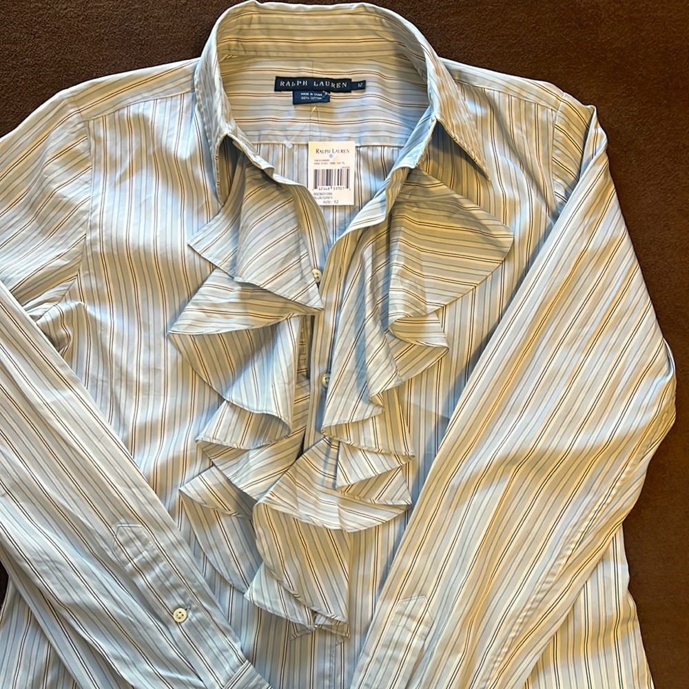 Ralph Lauren BLUE GREY RUFFLE SHIRT BLOUSE NWT - Picture 3 of 8